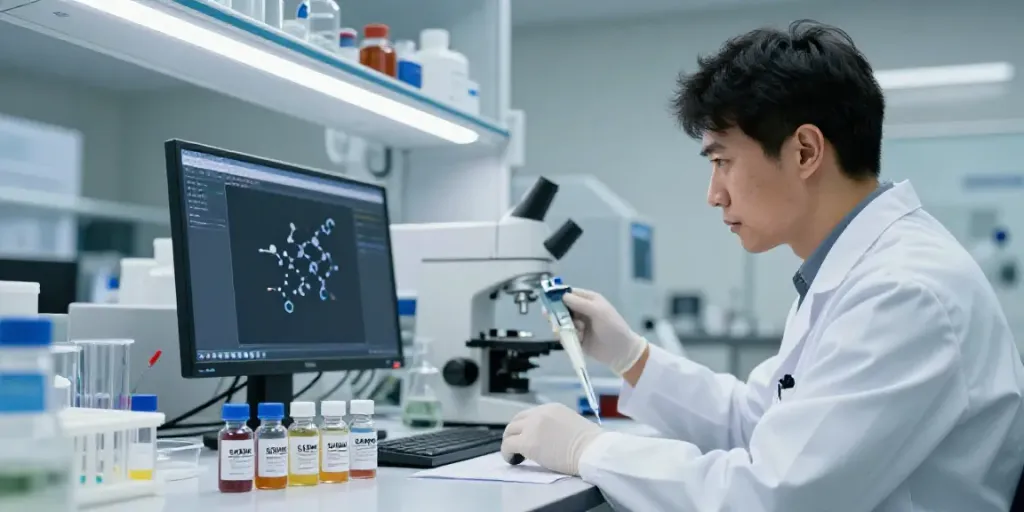 Scientist in SwissChems lab analyzing peptides with equipment.