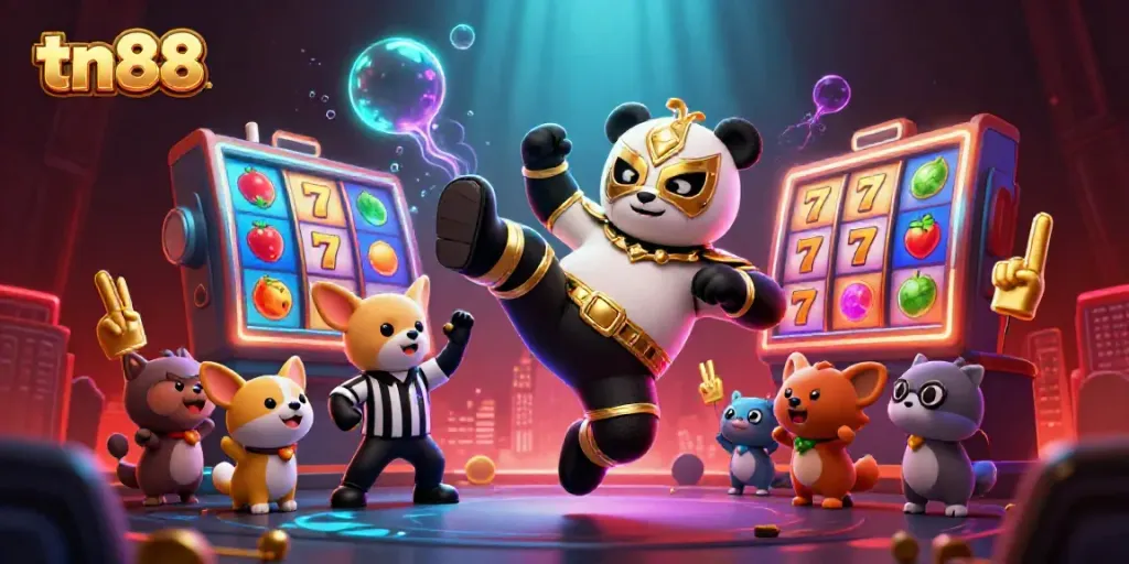 Engage in thrilling tn88 casino action with a panda wrestler kicking through vibrant slot reels.