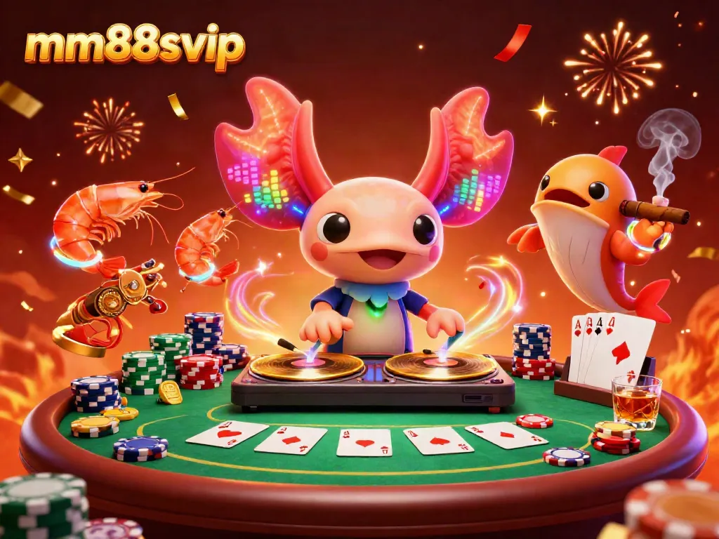 Engage with mm88svip in a vibrant casino scene featuring a neon axolotl DJ, poker chips, and lively aquatic characters.