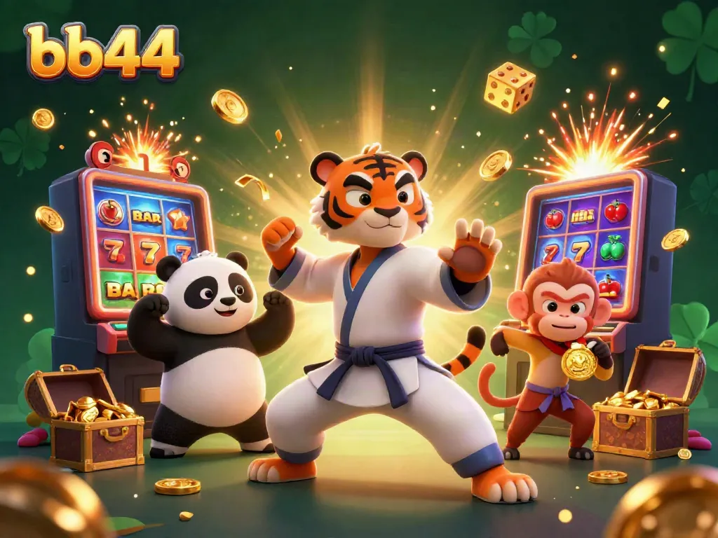 Engage with an exciting bb44 casino scene featuring a kung fu tiger master amid vibrant gaming elements.