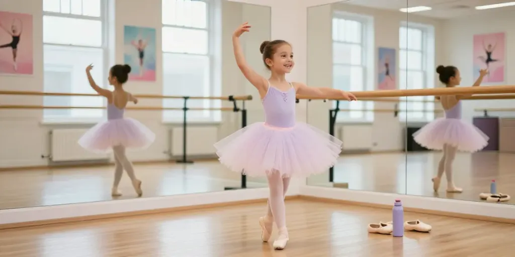 Girl in a tutu practicing ballet in a bright studio at the tutu store.