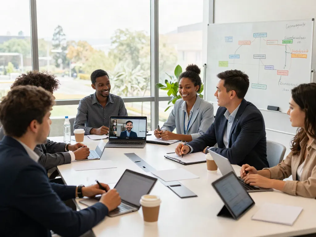 Engaging coaching for business leaders team meeting in a modern office.