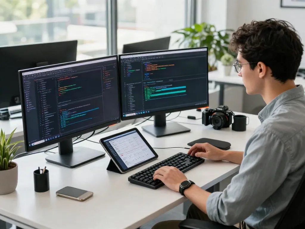 Software developer coding in a modern office with dual monitors, highlighting apk development.