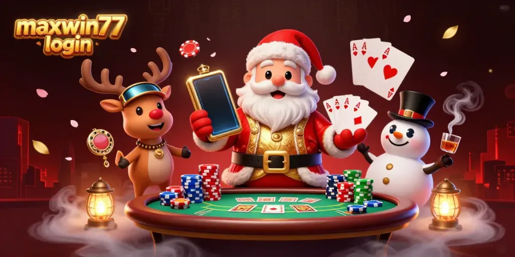 Engage with maxwin77 login as Santa, a reindeer dealer, and a snowman in a vibrant casino setting.