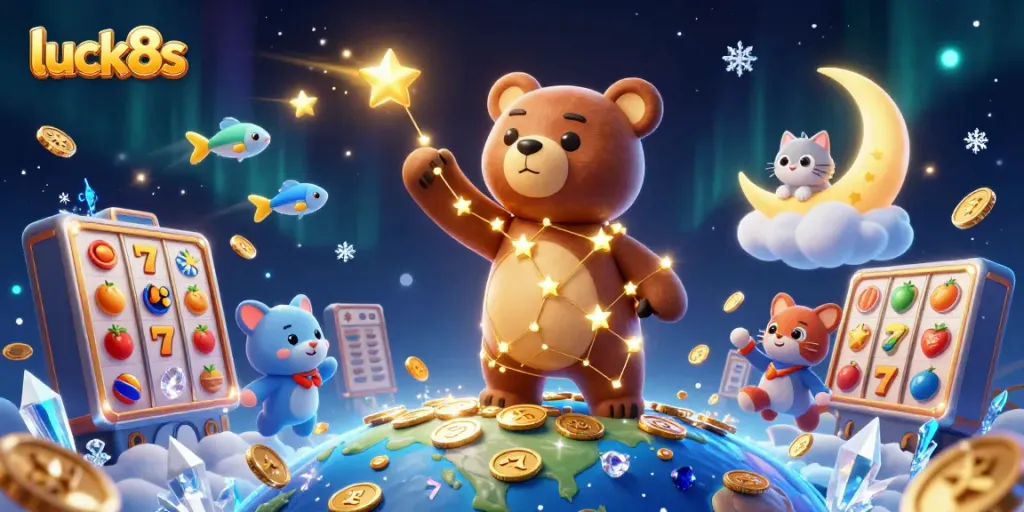 Experience the excitement of luck8s with a colorful casino scene featuring a constellation bear, lucky symbols, and dazzling coins.