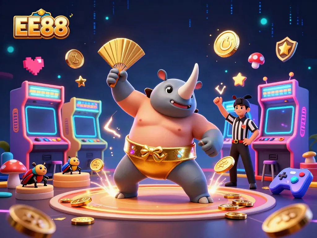 Experience thrilling gameplay with the EE88 rhinoceros beetle champion in a dynamic casino scene.