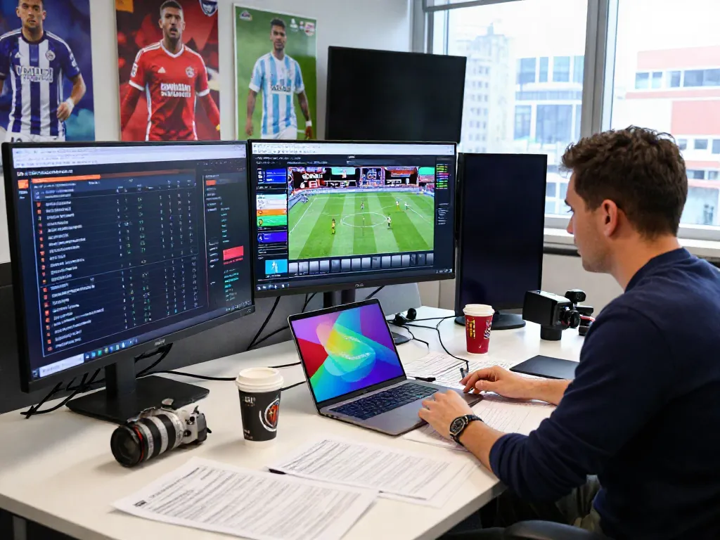 ข่าวตลาดซื้อขายนักเตะ in an energetic newsroom with journalists discussing football transfers.