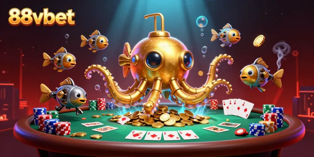 Engage with 88vbet's colorful casino scene featuring a golden kraken submarine and poker elements.