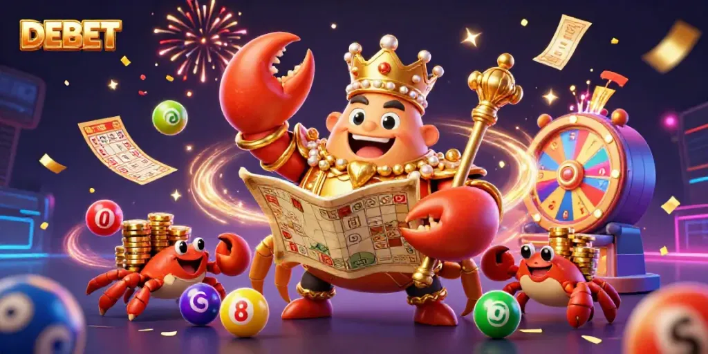 Engage with DEBET and win big with vibrant lottery elements in a festive casino atmosphere.