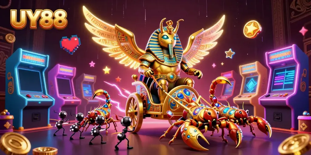 Gamble and win at UY88 with a vibrant 3D casino illustration featuring dynamic gaming elements and characters.