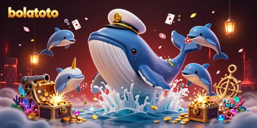 Experience the thrill of bolatoto with a captivating 3D whale and friends in a sea of coins, highlighting excitement and fun.