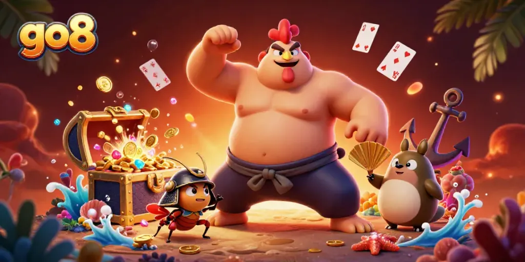 Experience excitement with go8 as a powerful rooster sumo wrestler stomps in a dynamic casino scene.