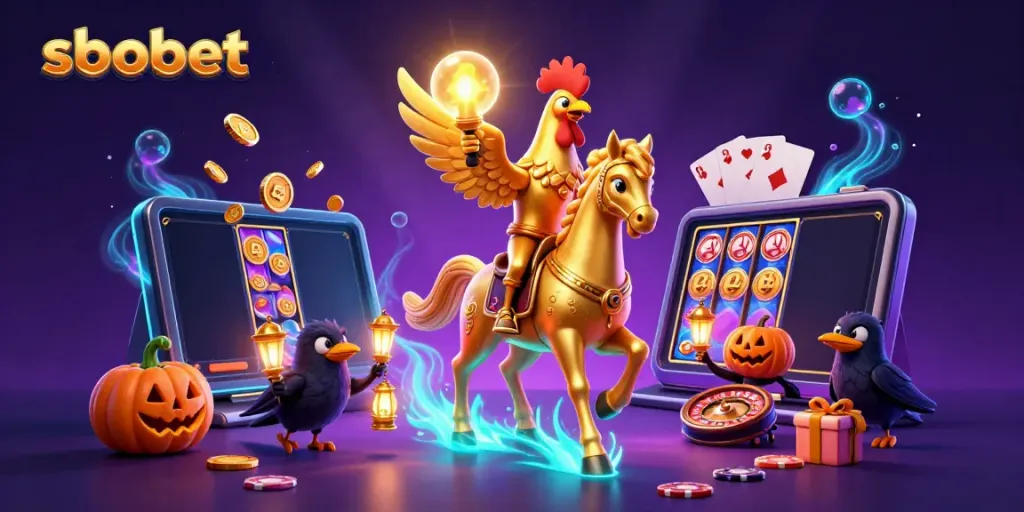 Experience sbobet's thrilling atmosphere with a golden rooster and companions in a vibrant casino.
