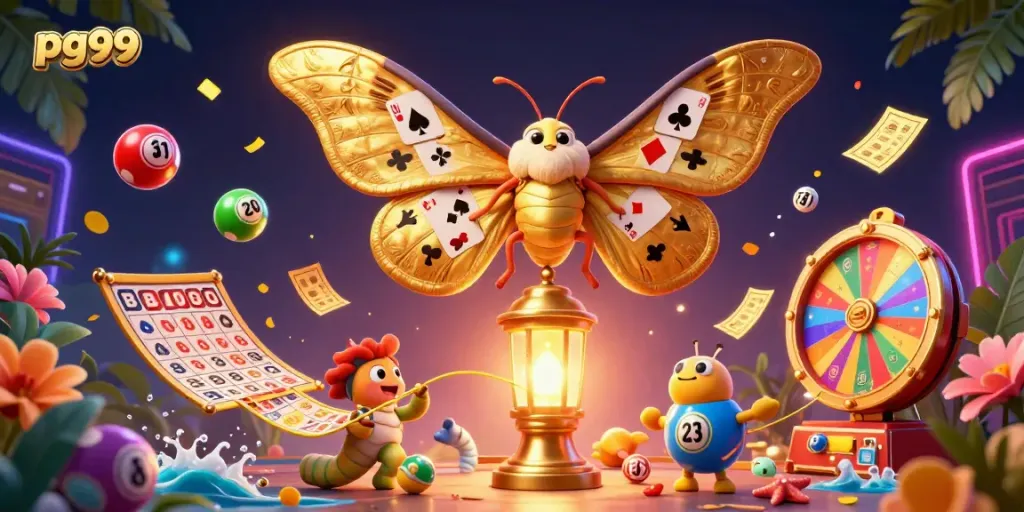 Engage with pg99's vibrant casino scene featuring a majestic moth and golden gaming elements.