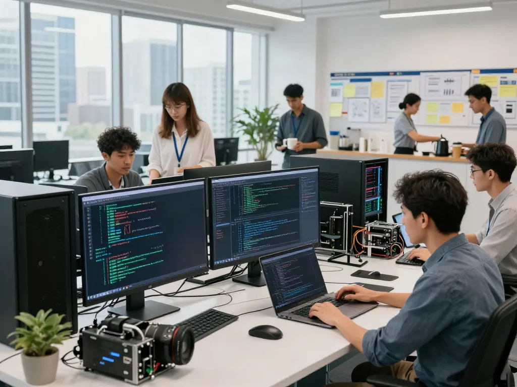 Engineers collaborating in a modern AI infrastructure workspace with servers and data displays.