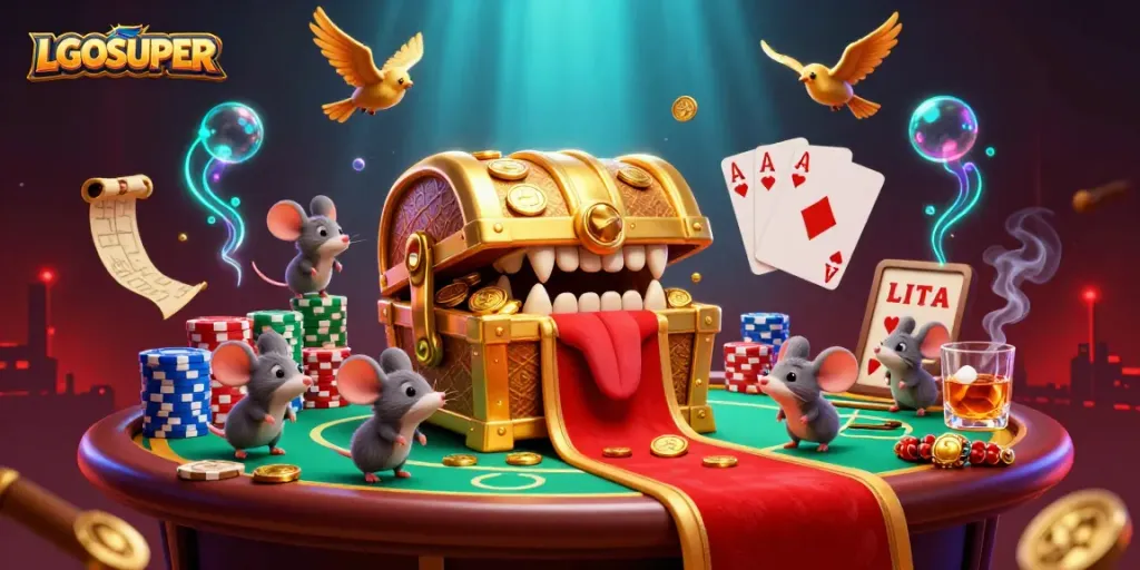 Engage with LGOSUPER's dynamic treasure-themed casino scene featuring adventure elements and vibrant casino items.