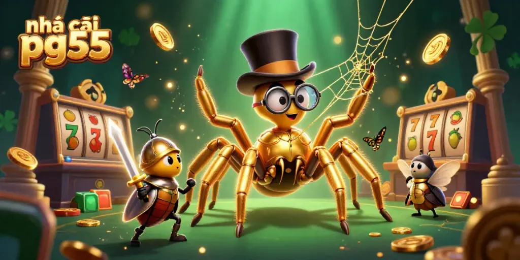 Engage with nhà cái pg55 while a giant golden tarantula weaves a web of luck among casino treasures.