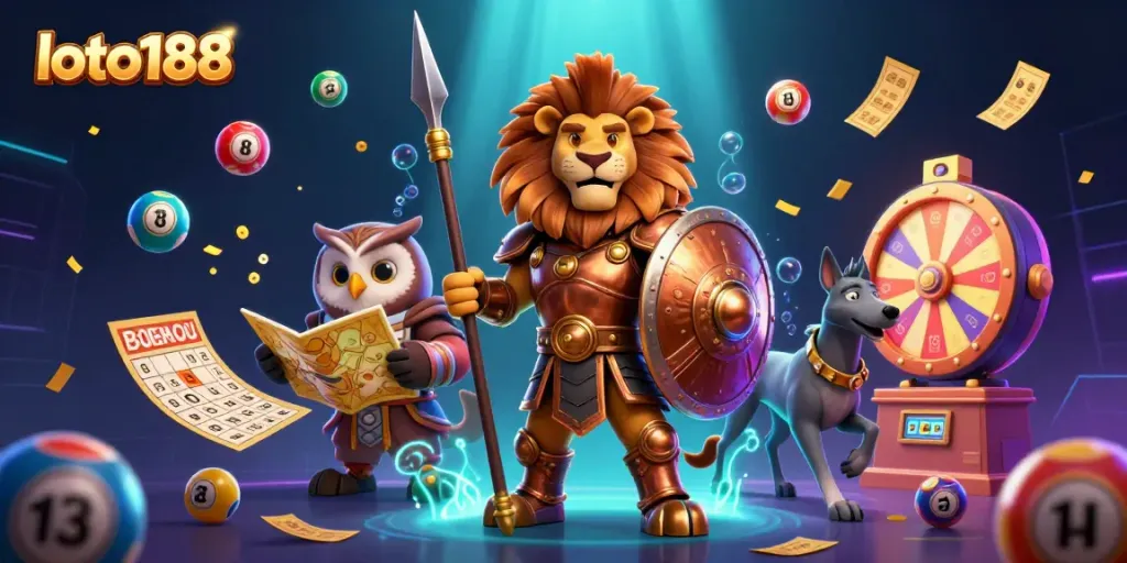 Engage with loto188's vibrant casino scene featuring a heroic lion, strategic owl, and swift greyhound amid dynamic lottery elements.