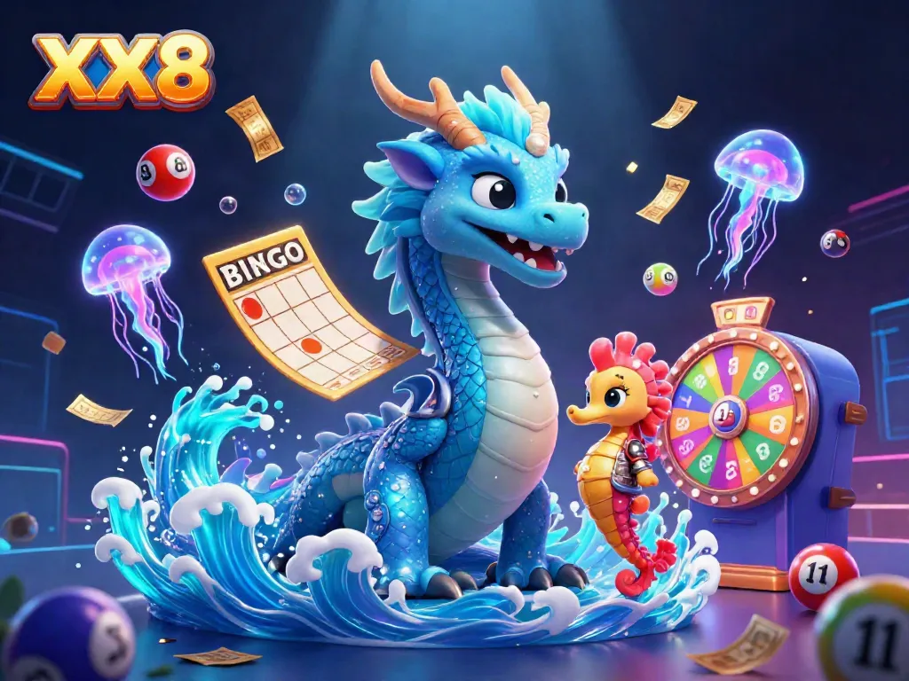 Experience the dynamic gaming world of XX8 with an azure dragon, seahorse knight, and colorful lottery elements.
