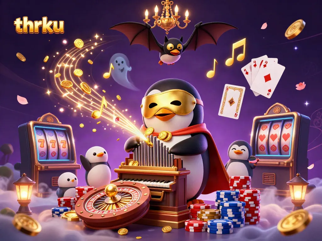 thr ku showcasing a lively casino scene with a golden penguin organist, bats, and floating coins