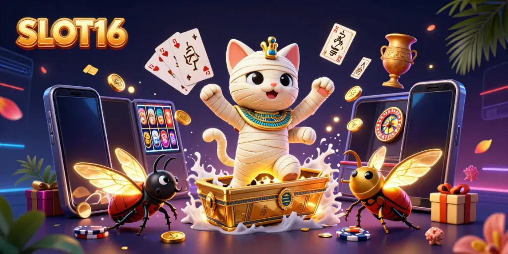 SLOT16 unveils an exciting casino adventure with a mummy cat and glowing beetle, showcasing vibrant slot action.