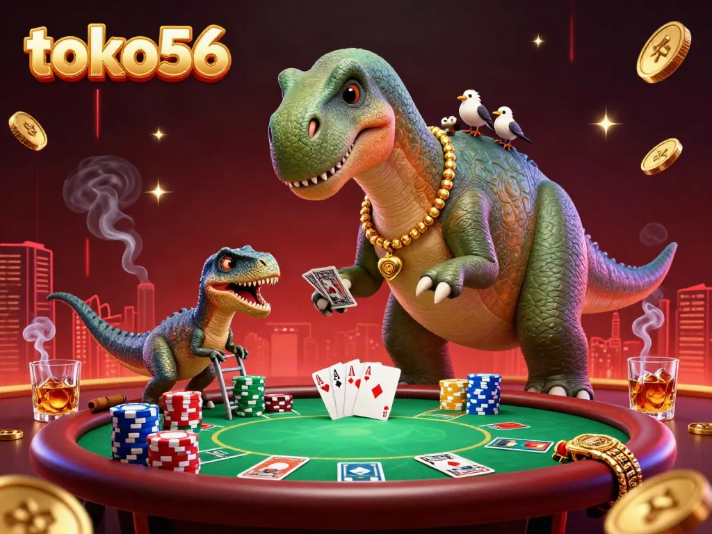 Suasana permainan slot langsung di toko56, brontosaurus besar dan raptor sedang bermain kartu.