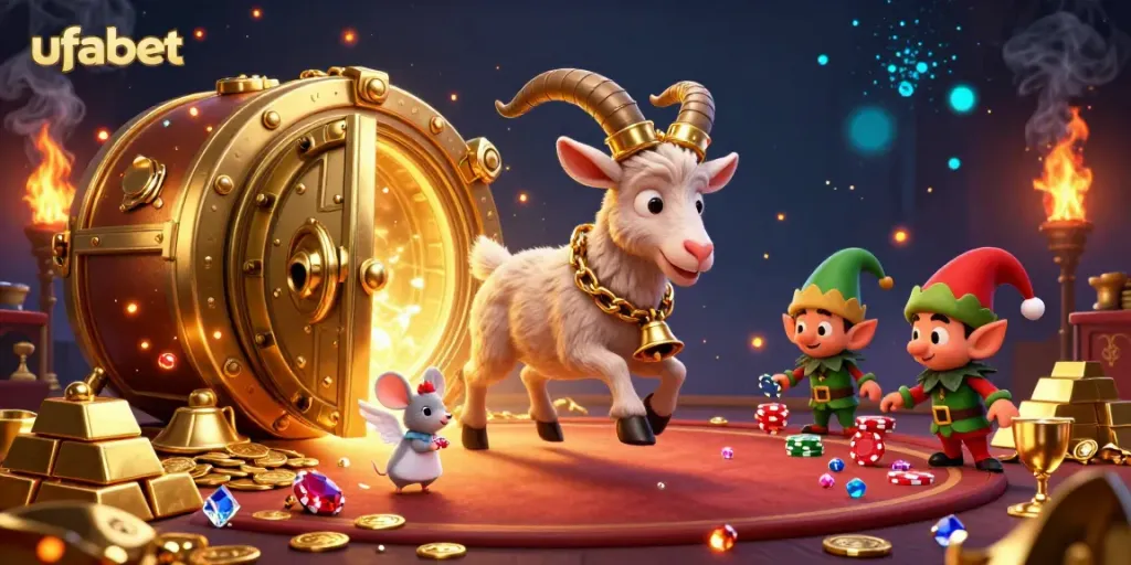 Experience the thrill of ufabet เข้าสู่ระบบ in a festive casino scene with dynamic characters and treasure.